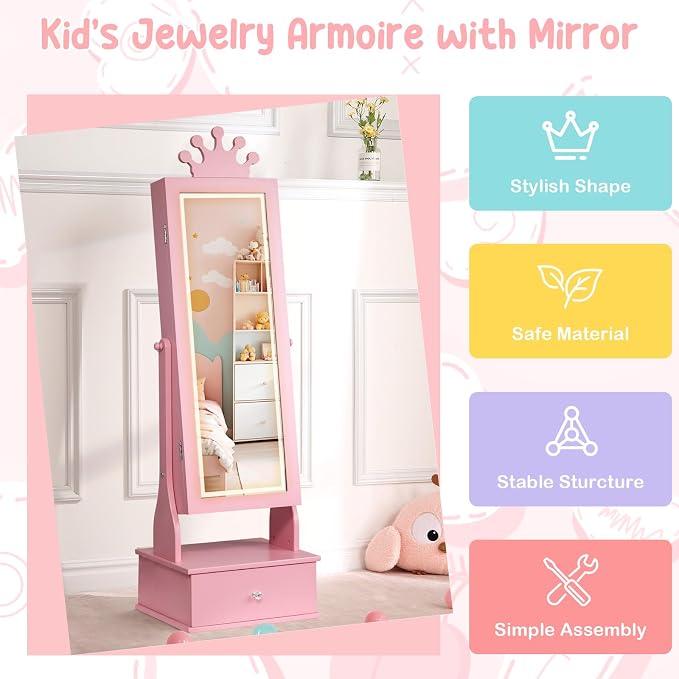 Kids Jewelry Cabinet with Full-Length Mirror, Freestand Mirror with Storage Drawers, Kids Vanity Dress Up Mirror with Jewelry Organizer, 46" Jewelry Armoire for Kids Bithday, Girls Xmas Gifts(Pink)