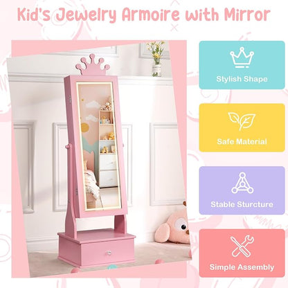 Kids Jewelry Cabinet with Full-Length Mirror, Freestand Mirror with Storage Drawers, Kids Vanity Dress Up Mirror with Jewelry Organizer, 46" Jewelry Armoire for Kids Bithday, Girls Xmas Gifts(Pink)