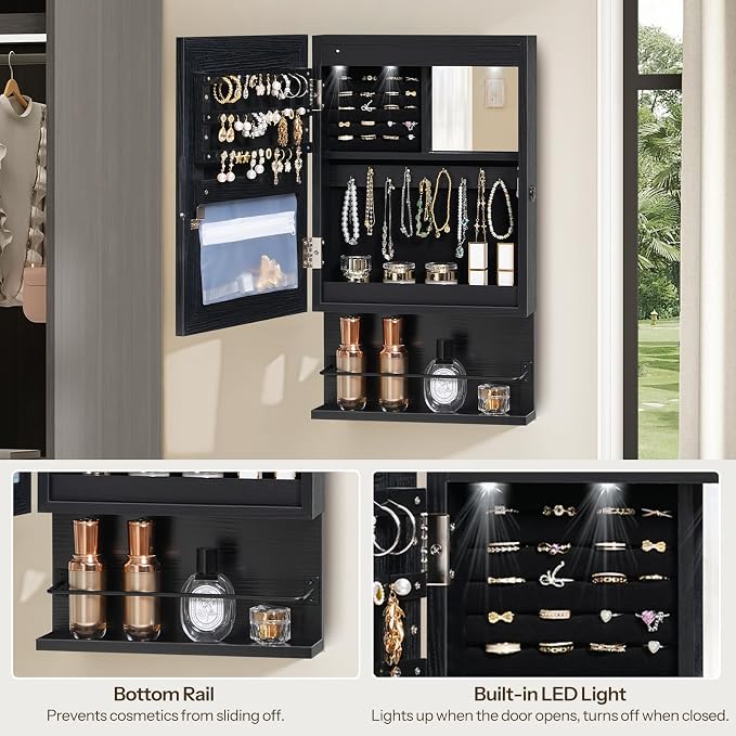 HOOBRO Wall Mounted Jewelry Cabinet, LED Jewelry Armoire with Interior Mirror, Hanging Jewelry Organizer for Wall, Lockable Jewelry Storage Cabinet, 3.9 x 11.8 x 20.9 Inches, Black