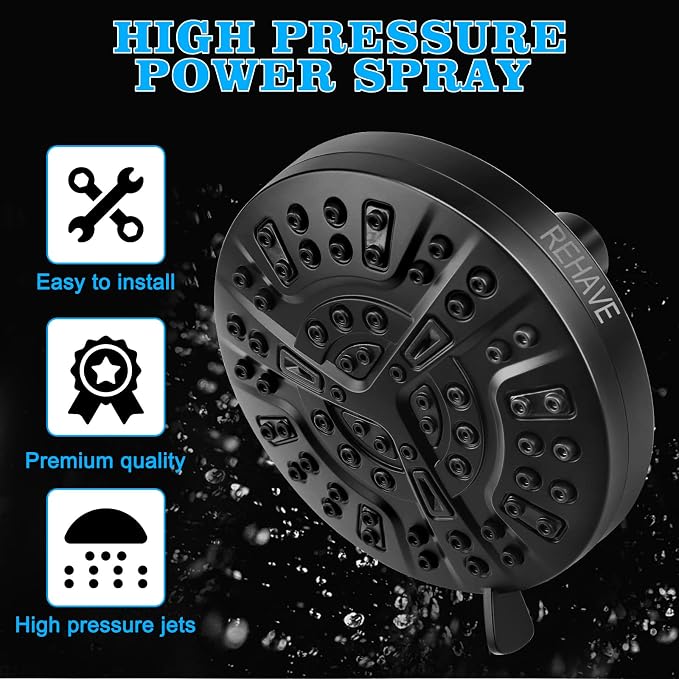 Shower Head, REHAVE Rainfall ShowerHead, 5.1 Inches High-Pressure with 63 Jets 8 Spray Modes - Replacement for Bathroom Shower Heads - Anti-Clogging Silicone Nozzles, Brass Angle-adjustable Ball Joint
