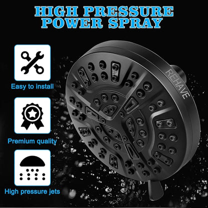 Shower Head, REHAVE Rainfall ShowerHead, 5.1 Inches High-Pressure with 63 Jets 8 Spray Modes - Replacement for Bathroom Shower Heads - Anti-Clogging Silicone Nozzles, Brass Angle-adjustable Ball Joint