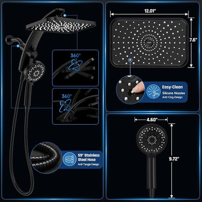 Veken 12" Rain Shower Head with Handheld,High Pressure Power Wash,Magnetic | Dual Shower Heads Combo,8-Mode Hand Held Spray with Hose,Double Detachable Rainfall Showerhead,Best Matte Black Shower System