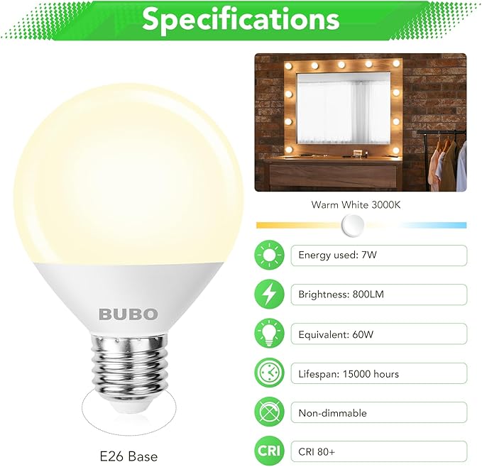 BUBO Vanity Light Bulbs 60 Watt Equivalent, Globe Light Bulb Warm White 3000K, G25 Round Light Bulbs for Bathroom 800 Lumens, E26 Medium Base, 7W, Non-Dimmable, 6 Pack