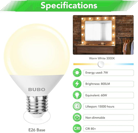 BUBO Vanity Light Bulbs 60 Watt Equivalent, Globe Light Bulb Warm White 3000K, G25 Round Light Bulbs for Bathroom 800 Lumens, E26 Medium Base, 7W, Non-Dimmable, 6 Pack
