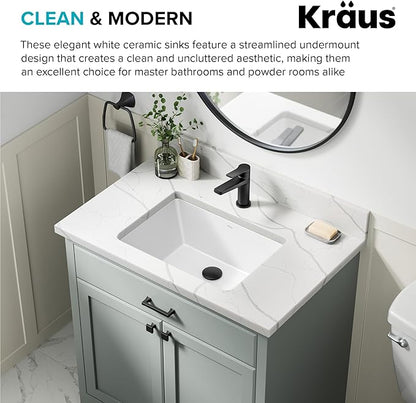 KRAUS Elavo 20.25 in. Rectangular Porcelain Ceramic Undermount Bathroom Sink in White with Overflow Drain, KCU-244