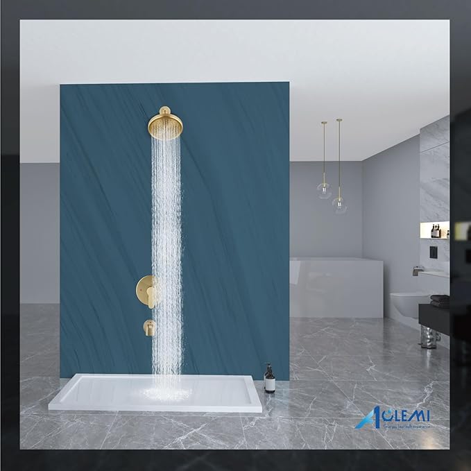 Aolemi Tub Shower Faucet Set With Valve Wall Mount Shower Trim Kit 6 Inch Bathtub Fixtures Rough-in Valve Single-Spray Shower Head System 5.3 Inch Tub Spout Brushed Gold Modern