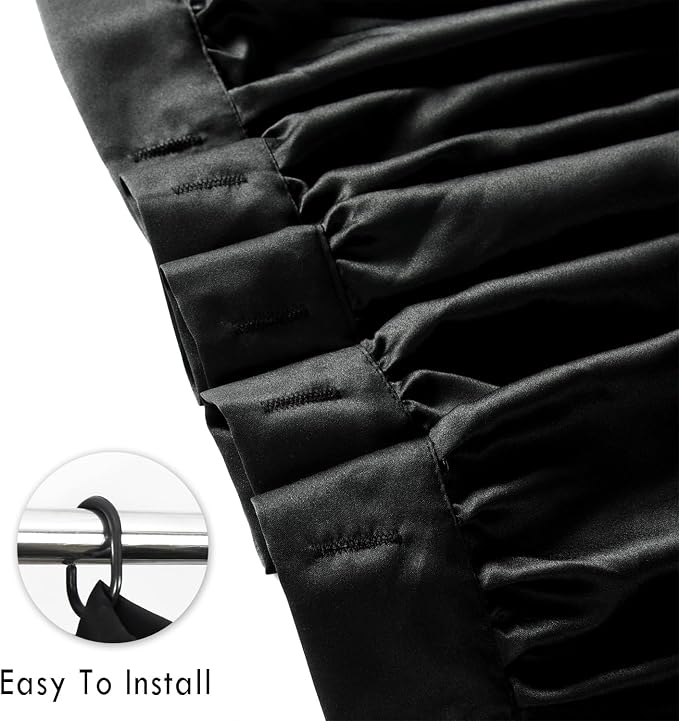 Black Ruffle Shower Curtain 60" W x 72" L Stall Size | Vintage Handcrafted Bow Tie, Ruched Satin Bathroom Curtain with 10 Buttonholes, Machine Washable and Dry Quickly (LQ-10)