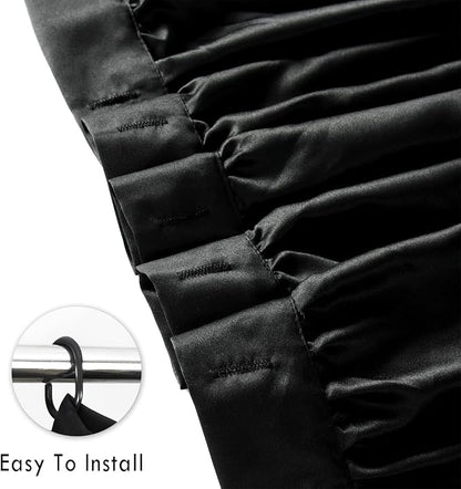 Black Ruffle Shower Curtain 60" W x 72" L Stall Size | Vintage Handcrafted Bow Tie, Ruched Satin Bathroom Curtain with 10 Buttonholes, Machine Washable and Dry Quickly (LQ-10)