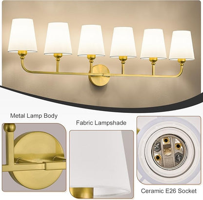 Bathroom Vanity Light, Brushed Gold Bathroom Light Fixtures, 6-Light Lighting Fixtures Over Mirror, Modern Wall Sconce with Flared White Fabric Shade, E26 Socket(ETL Listed)