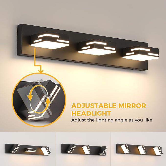 3-Light 5CCT Modern Bathroom Vanity Light Fixtures, 24-Inch 350° Rotatable LED Vanity Lights Over Mirror, Dimmable Matte Black Wall Sconce with Frosted Acrylic Shade