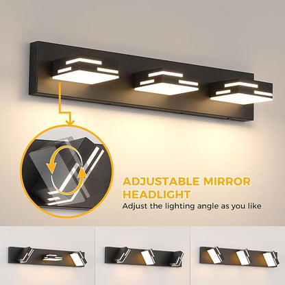 3-Light 5CCT Modern Bathroom Vanity Light Fixtures, 24-Inch 350° Rotatable LED Vanity Lights Over Mirror, Dimmable Matte Black Wall Sconce with Frosted Acrylic Shade