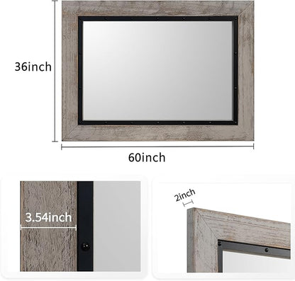 YOSHOOT Rustic Wooden Framed Wall Mirror, Natural Wood and Iron Bathroom Vanity Mirror for Farmhouse Decor, Vertical or Horizontal Hanging, 60" x 36", Grey