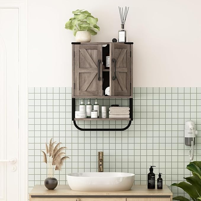 RUSTOWN Farmhouse Medicine Cabinet with 2 Barn Door, Bathroom Wall Cabinet | Rustic Wall Mounted Storage Cabinet with Adjustable Shelf & Towel Rack, 3-Tier Over the Toilet Storage Cabinets for Laundry