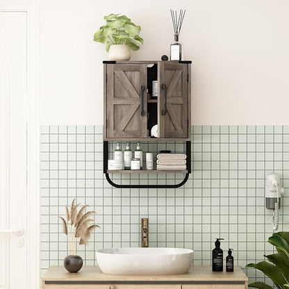 RUSTOWN Farmhouse Medicine Cabinet with 2 Barn Door, Bathroom Wall Cabinet | Rustic Wall Mounted Storage Cabinet with Adjustable Shelf & Towel Rack, 3-Tier Over the Toilet Storage Cabinets for Laundry