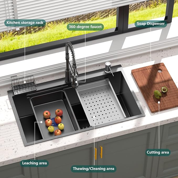 Black Drop-In Kitchen Sink:30in Stainless Single Bowl Sink &Accessories | Spacious 30-Inch Workstation Sink with 7-in-1 Accessory Set, Designed for Large Families