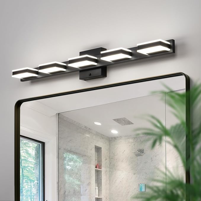 mirrea 32" 5 Light 3CCT LED Black Bathroom Vanity Light Fixture | Over Mirror,Bathroom Lighting,3000K/4000K/5000K ,Dimmable,Rust-resistant,Moisture-resistant,Acrylic shade,Wall Mount