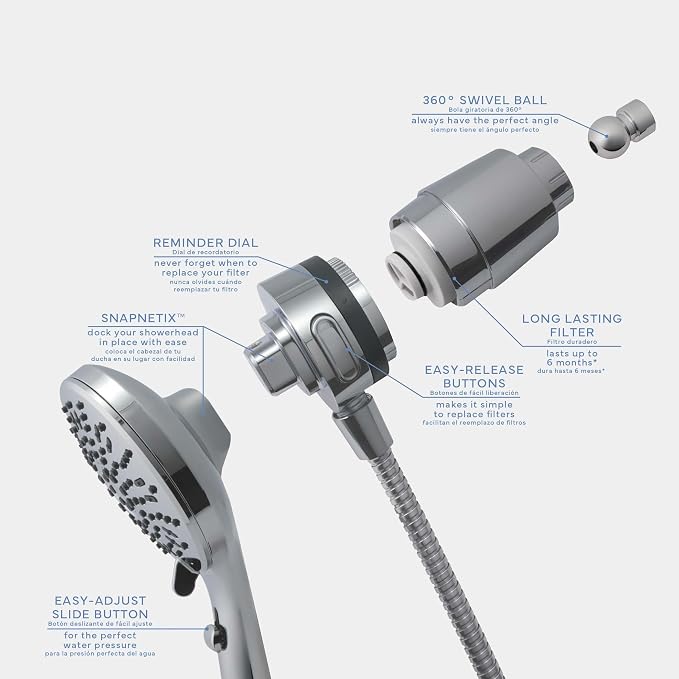 SEVENTY 5-Setting Magnetic Handheld Shower Head with Shower Filter and 59 Inch Hose in Chrome – Helps Reduce Chlorine and Impurities for Healthier Hair, Skin and Scalp, Easy to Install (12158)