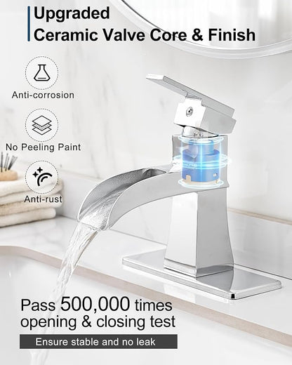 Waterfall Chrome Bathroom Faucet, Brass 4 Inch Bathroom Faucets One Hole or 3 Hole, Single Handle with PP Drain, Deck Plate, Hot and Cold Supply Hoses for RV Lavatory Restroom, 5 Mins Install
