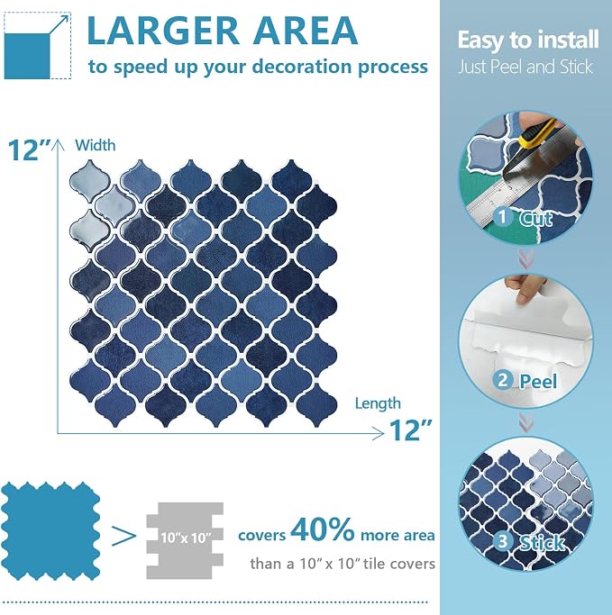 STICKGOO Arabesque Peel and Stick Backsplash, 12”X12” Backsplash Tile for Kitchen Peel and Stick, Self Adhesive Wall Tile Stick on Tiles (Ceramic Blue)
