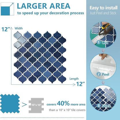STICKGOO Arabesque Peel and Stick Backsplash, 12”X12” Backsplash Tile for Kitchen Peel and Stick, Self Adhesive Wall Tile Stick on Tiles (Ceramic Blue)