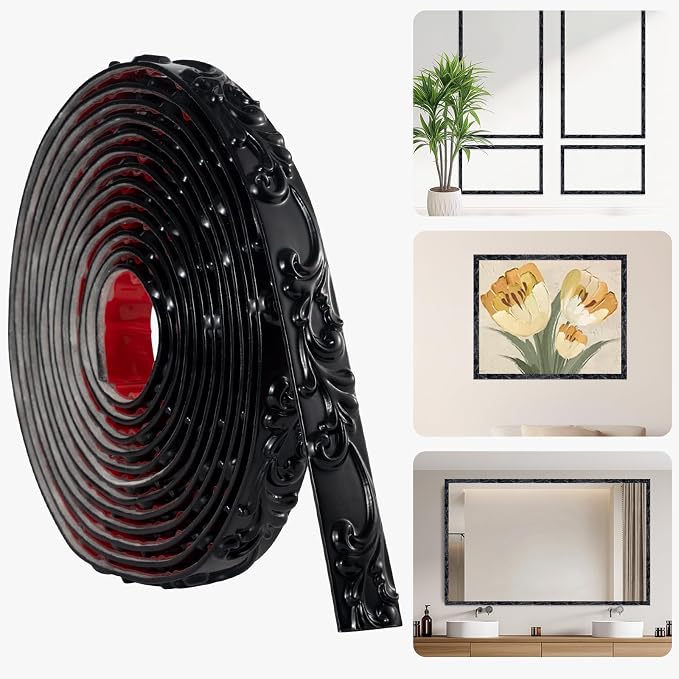 16.4FT x 1.02'' Black Peel and Stick Crown Molding Trim – Self-Adhesive Mirror Border & Cabinet Edge, Flexible Decorative Trim for Interior Use