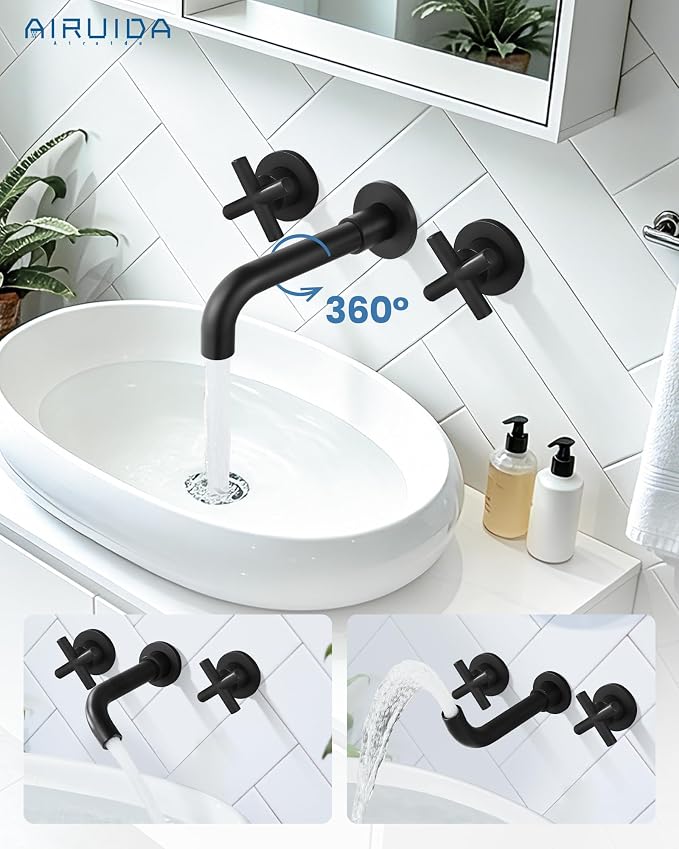 Airuida Solid Brass Matte Black Wall Mount Bathroom Faucet | 360° Swivel Spout,Rough in Valve,2 Cross Handle,3 Hole,Widespread