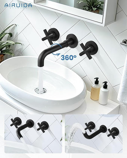 Airuida Solid Brass Matte Black Wall Mount Bathroom Faucet | 360° Swivel Spout,Rough in Valve,2 Cross Handle,3 Hole,Widespread