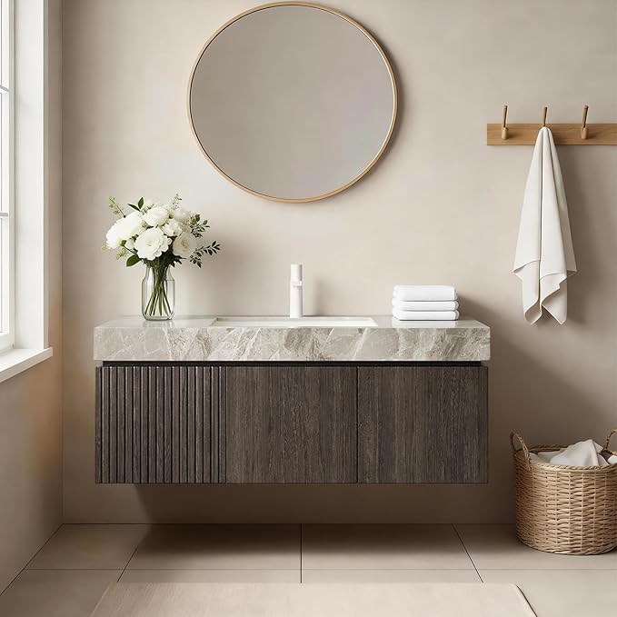 Ambrovina 48" Floating Bathroom Vanity with Sink, Modern Plywood Bathroom Storage Cabinet with Drawer and 2 Doors, Gray Sintered Stone Countertop and Ceramic Basin, Pre-Assembled, Espresso Woodgrain