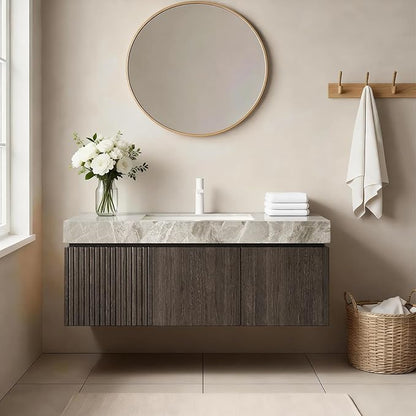 Ambrovina 48" Floating Bathroom Vanity with Sink, Modern Plywood Bathroom Storage Cabinet with Drawer and 2 Doors, Gray Sintered Stone Countertop and Ceramic Basin, Pre-Assembled, Espresso Woodgrain