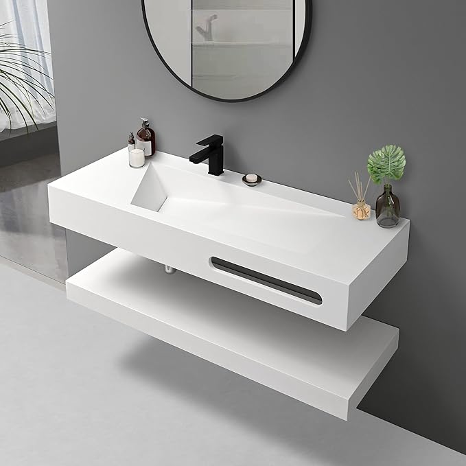 QJ&XY Resin Bathroom Sink 48" Wall Mounted V-Shaped White Basin with Towel Rack, Floating Vanity Sink in Soft-Touch Finish (Double Tier)