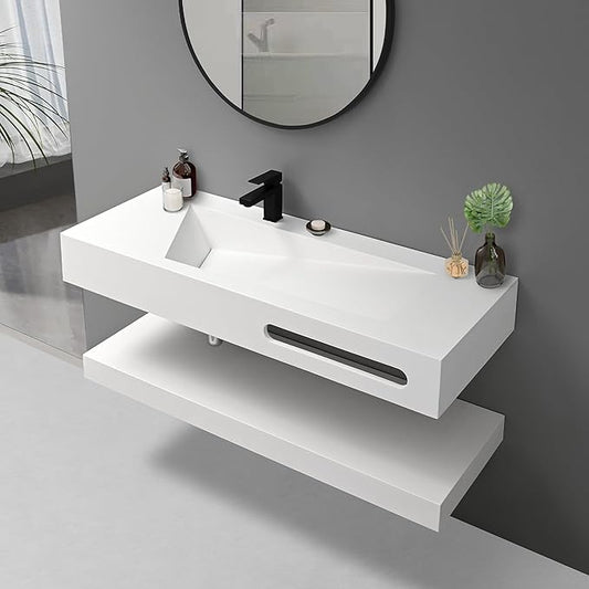 QJ&XY Resin Bathroom Sink 48" Wall Mounted V-Shaped White Basin with Towel Rack, Floating Vanity Sink in Soft-Touch Finish (Double Tier)