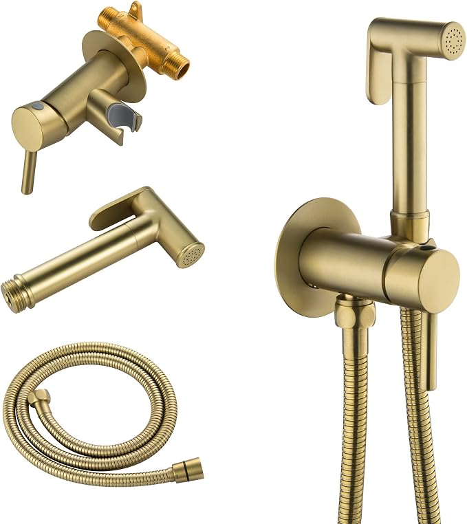 Warm Water Bidet Sprayer for Toilet with Hot and Cold Brass Rough-in Valve, Stainless Steel Round Handheld Bidet Attachment Set for Feminine, Pets and Baby Diaper Wash, Brushed Gold, BDS09-3