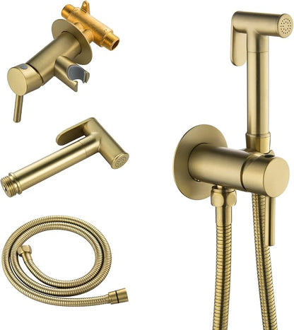 Warm Water Bidet Sprayer for Toilet with Hot and Cold Brass Rough-in Valve, Stainless Steel Round Handheld Bidet Attachment Set for Feminine, Pets and Baby Diaper Wash, Brushed Gold, BDS09-3