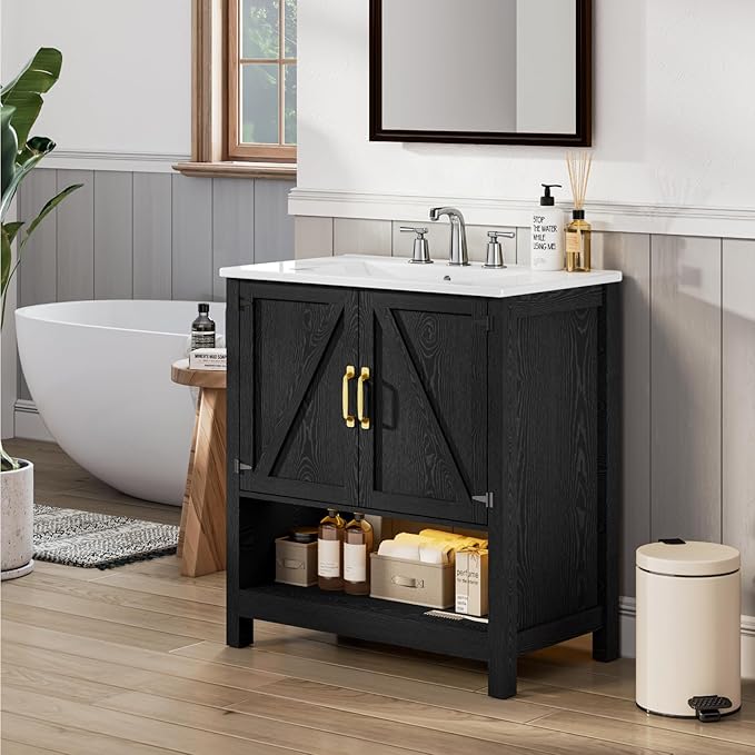 30" Bathroom Vanity with Sink, Modern Bathroom Cabinet with LED Light, Bathroom Vanity Set, Double Soft Closing Cabinet Door with Organizer, Black