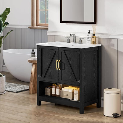 30" Bathroom Vanity with Sink, Modern Bathroom Cabinet with LED Light, Bathroom Vanity Set, Double Soft Closing Cabinet Door with Organizer, Black