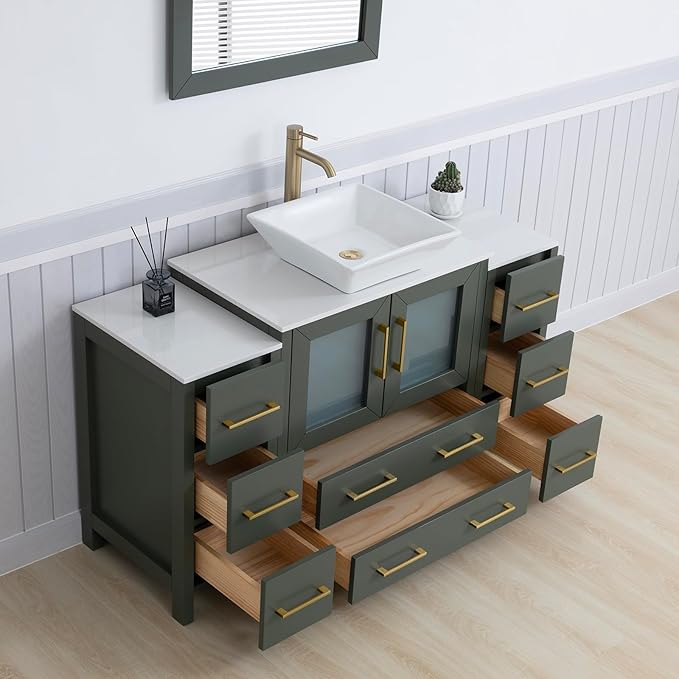 Vanity Art 54 Inch Vessel Single Sink Bathroom Vanity Cabinet with 1 Mirror, Engineered Marble Top Bathroom Cabinet Compact Set with 8 Dovetail Drawers and Soft Closing Doors, VA3130-54VG