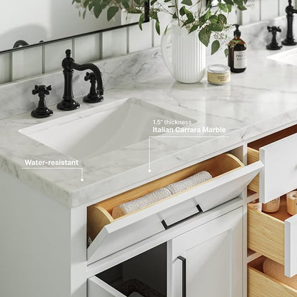 ARIEL Hepburn 72-inch Bathroom Vanity with Sink,Solid Wood, 1.5-inch Italian Carrara Marble Countertop, Double Rectangular Porcelain Sink, 4 Soft Closing Doors, 6 Dovetail Drawers, White