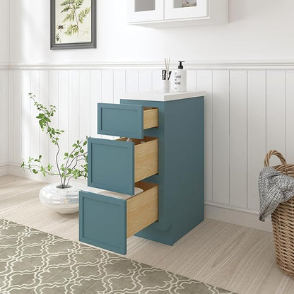 HomeBeyond 12 Inches Bathroom Vanity Base Cabinet Without Sink, Sturdy Floor Mounted Cabinet with Door & Soft Closing Drawers, 3 Drawers, Green
