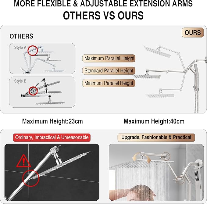All Metal 10 Inch Rain Shower Head with Handheld Built-in Power Wash Mode, High Pressure Waterfall Rainfall Square Shower Heads with 16" Adjustable Extension Arm, Dual Showerhead(Brushed Nickel)