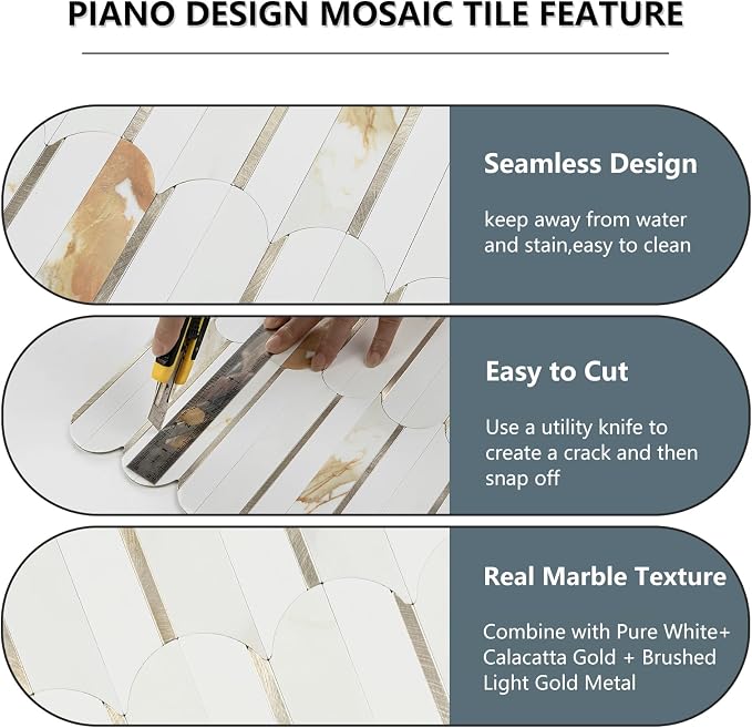 Vamos Tile Peel and Stick Backsplash Seamless Tile,Fish Scale,10 Sheets | Stick on Backsplash for Kitchen & Bathroom,Calacatta Gold+White PVC +Light Gold Self Adhesive Backsplash Tile,11.9''x10.8''