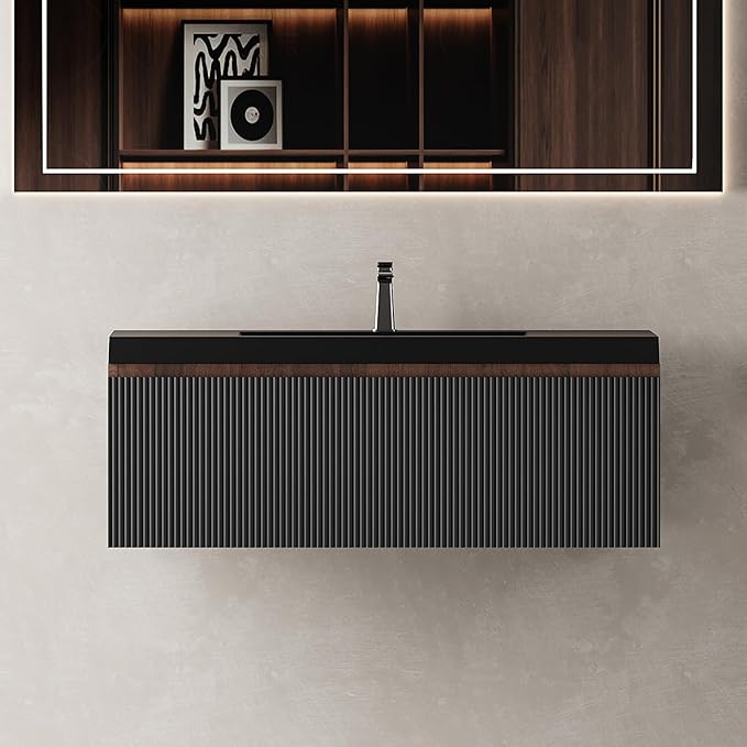 36'' Floating Bathroom Vanity with Sink Combo, Modern Wall-Mounted Striped Bathroom Storage Cabinet with Soft-Close Drawers and Black Quartz Sand Basin, No Assembly Required