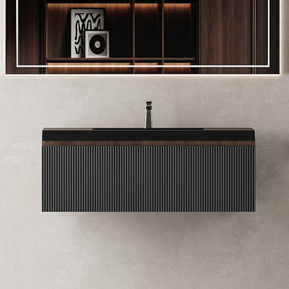 36'' Floating Bathroom Vanity with Sink Combo, Modern Wall-Mounted Striped Bathroom Storage Cabinet with Soft-Close Drawers and Black Quartz Sand Basin, No Assembly Required