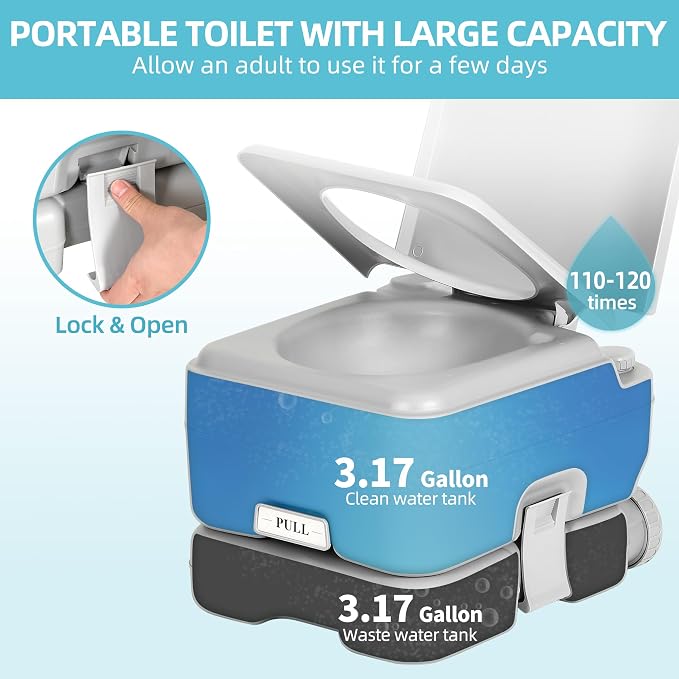 YITAMOTOR 3.17 Gallon Portable Toilet for Camping, RV Travel Potty with Press Flush Pump, Leak-proof Seal Ring for Travel, Boating, Hiking, Trips | RV Travel Potty with Press Flush Pump, Leak-proof Seal Ring for Travel, Boating, Hiking, Trips