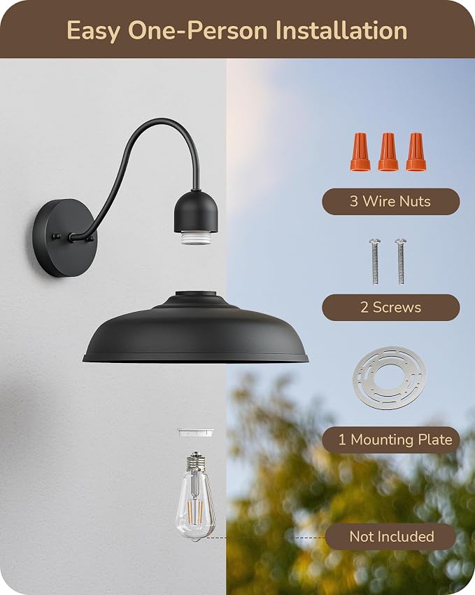 EDISHINE 2 Pack Outdoor Wall Light, 12" Farmhouse Gooseneck Barn Light | Black Matte, Hardwired, E26 Base, Weatherproof Wall Mount Lantern for Porch, Entryway, Garage, Garden, Patio
