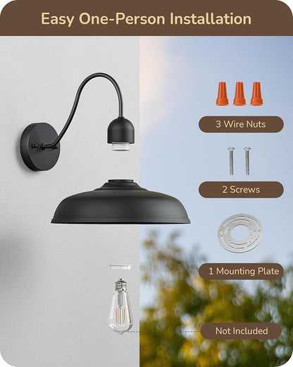 EDISHINE 2 Pack Outdoor Wall Light, 12" Farmhouse Gooseneck Barn Light | Black Matte, Hardwired, E26 Base, Weatherproof Wall Mount Lantern for Porch, Entryway, Garage, Garden, Patio