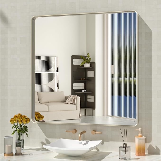 WEER Brushed Nickel Bathroom Mirror 36X36 Inch | Silver Metal Framed Vanity Mirror, Rounded Rectangle, Tempered Glass, Anti-Rust, Hangs Horizontally or Vertically