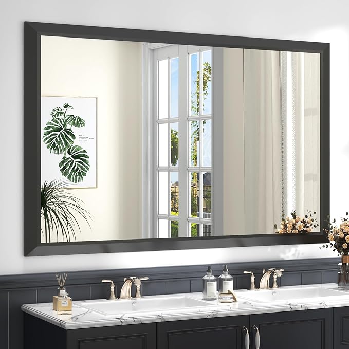SMIROR 55x40 Matte Black Bathroom Vanity Mirror for Over Sink | Metal Wide Frame, Rectangle, Right- Angle Corner, Anti-Rust, Horizontally or Vertically Wall- Mounted for Home Remodel
