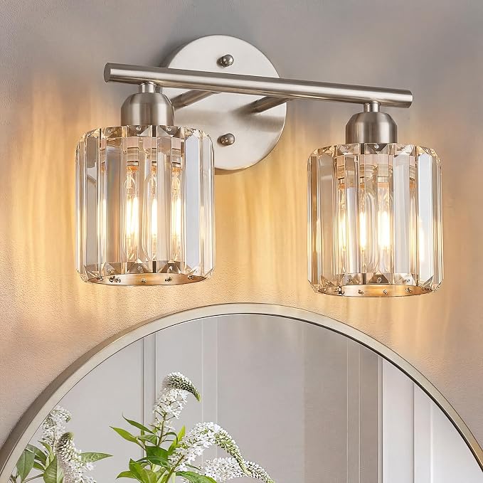 Modern 2 Light Crystal Vanity Light, Brushed Nickel Vertical Bathroom Light Fixture Over Mirror for Dressing Table Sink, Compatible with Dimmable Bulbs (Bulbs Not Included)