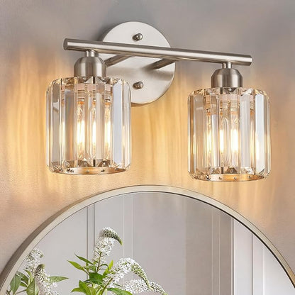 Modern 2 Light Crystal Vanity Light, Brushed Nickel Vertical Bathroom Light Fixture Over Mirror for Dressing Table Sink, Compatible with Dimmable Bulbs (Bulbs Not Included)