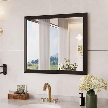 Bathroom Mirror Black, 28x32 Inch | Thick Metal Framed, HD Reflection, Anti-Rust, Hang Horizontally/Vertically, Suitable for Vanity, Bedroom, Bathroom, Entryway